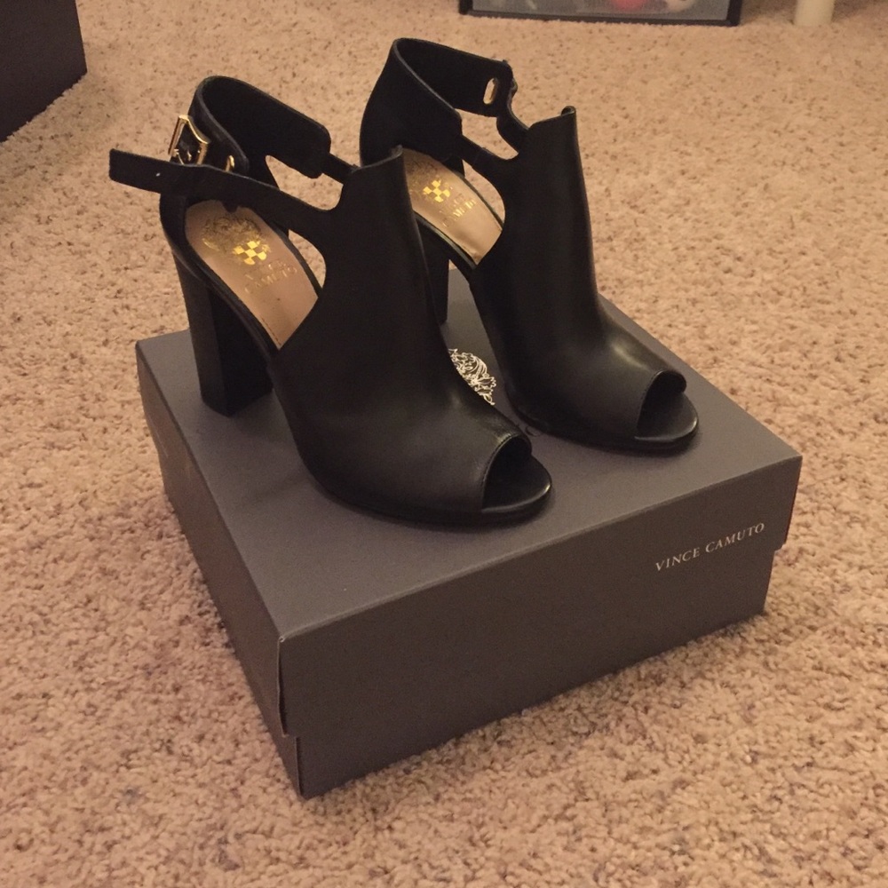 Vince Camuto Black Peep-Toe Ankle Booties with Block Heel